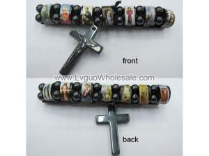 Magnetic Hematite Religious Sealed Icon Bracelet with Crucifix 7.8inch